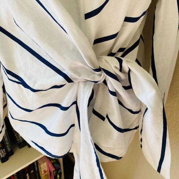 ZARA White Blue Stripe Front-Side Tie Front Long Sleeve Folded Cuffs Top Size XS - Picture 3 of 6